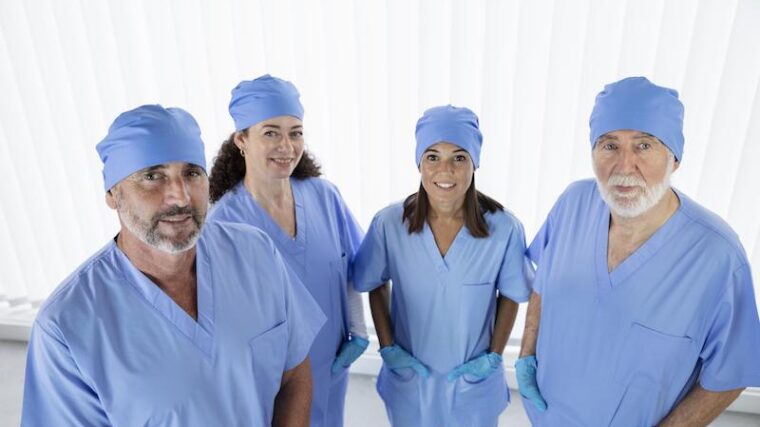 Vårdpersonal i blå arbetskläder